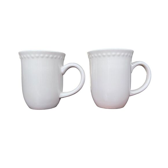 Coffee Mugs Set of 2 Unique Beaded Rim White Stoneware Cups 12 oz Casual Dining - Picture 4 of 6